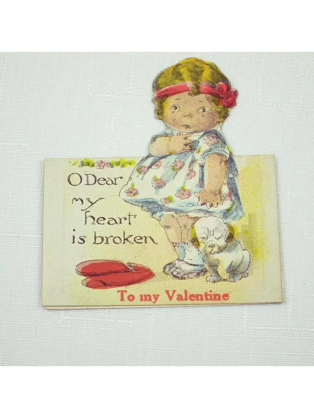 Vintage Valentine Cutout Card Stand Up Girl Crying Puppy Dog 1920s-30s UNSIGNED